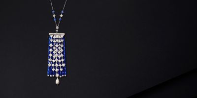 Waterfall - Lange ketting bezet met saffieren en diamanten